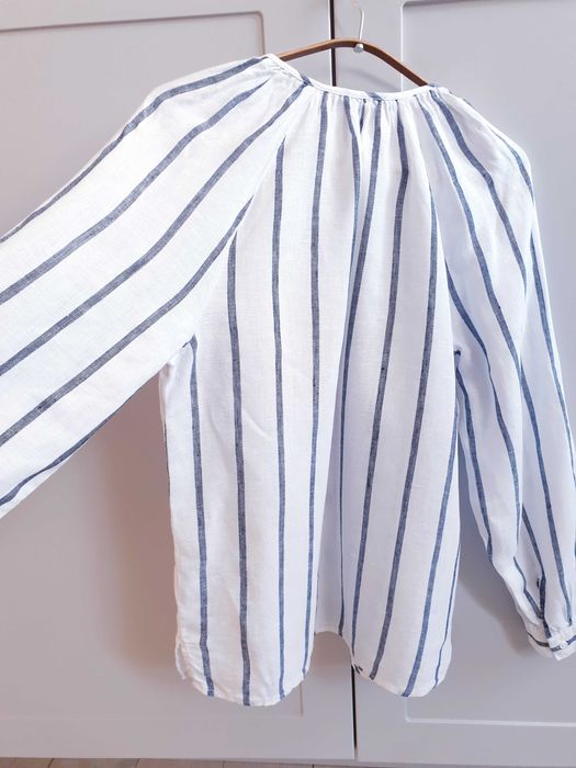 Biała koszula w pasy lniana M&S oversize boho 36 38