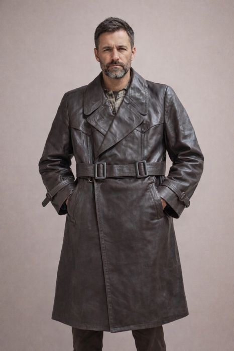 Płaszcz męski skórzany 80s vintage retro militarny 48  M podpinka brąz