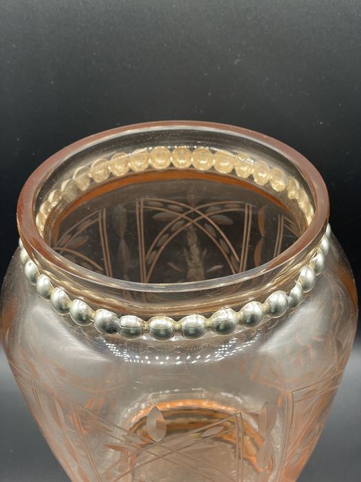 Vaso antigo vidro lapidado com prata