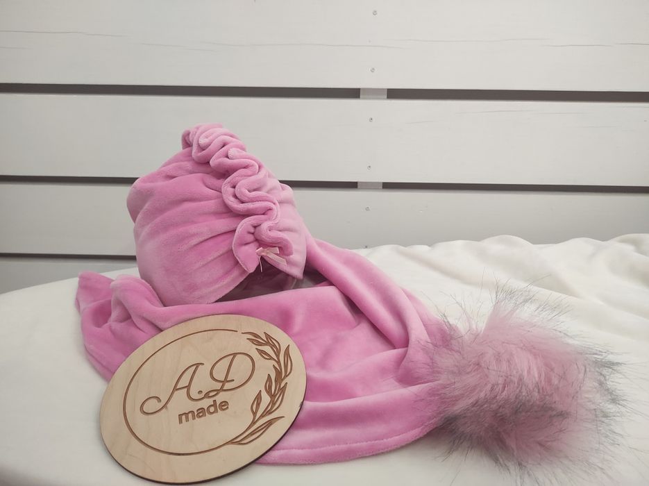 Czapka turban + chusta pompon Welur