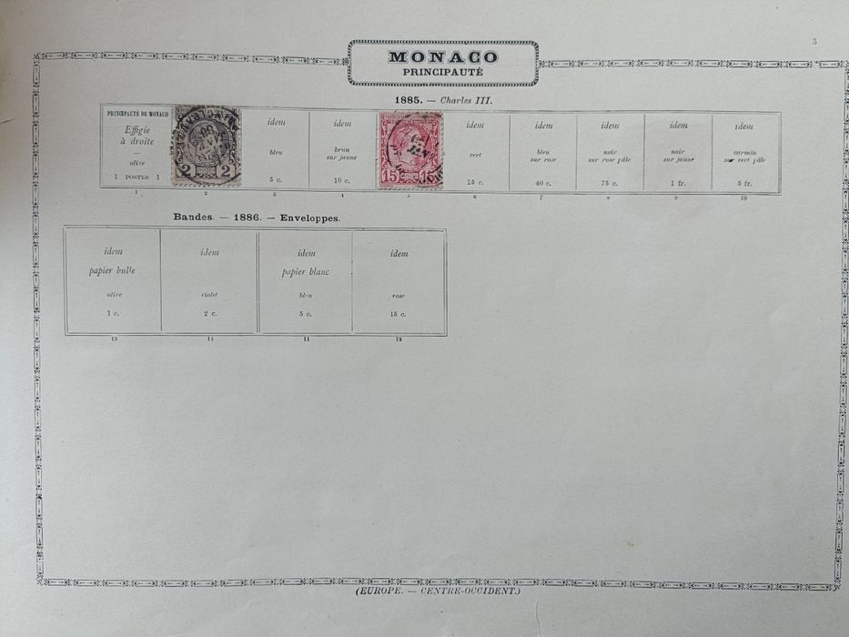 2 selos antigos do Principado de Mónaco de 1885. Príncipe Carlos III