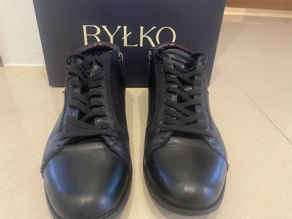 Skórzane męskie trzewiki / półbuty wyższe Ryłko – czarne (suwak + sznurówki)