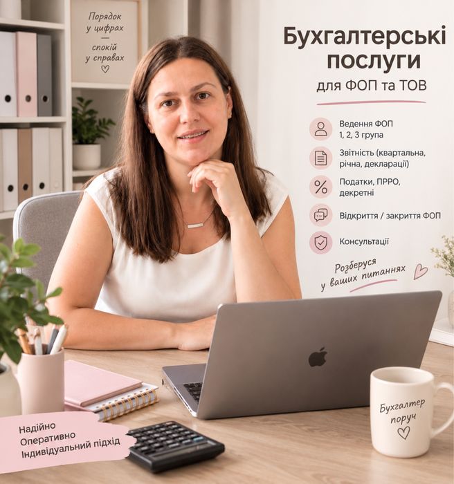 Бухгалтерські послуги для ФОП 1, 2, 3 групи: ведення, річна та квартальна звітність, декларації, податки, ПРРО, декретні, відкриття та закриття ФОП