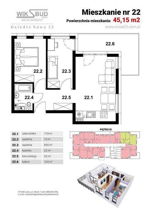 M22  3 pokoje | III piętro | balkon 10,6 m² | Osiedle Nowa 23