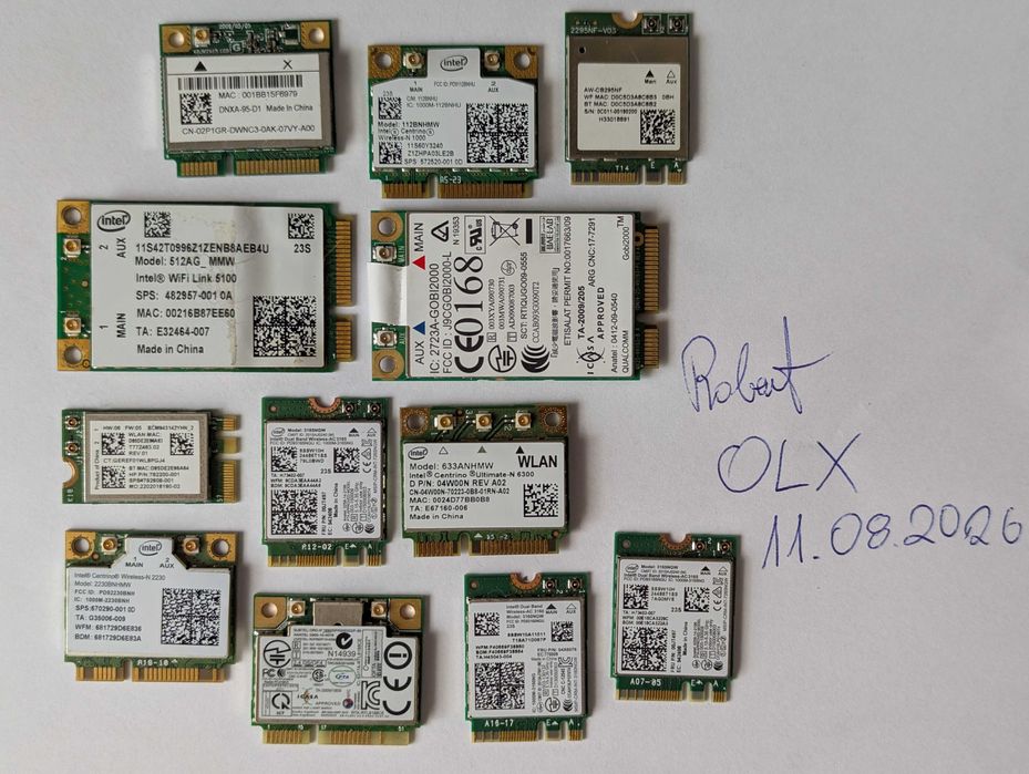 Zestaw 12 kart WiFi Wi-Fi Intel, Dell, AzureWave, Qualcomm, Broadcom, Realtek, Dual Band (AW-CB295NF, 3165, 2230, AR5B225, Link 5100, i inne) PCIe M.2