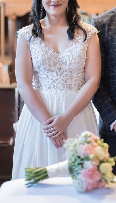 Suknia ślubna herms bridal aprille 38 m śmietankowa muślin koronka