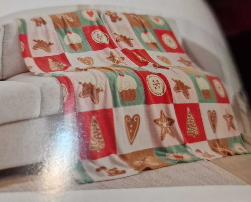 NOWY Koc świąteczny flanela, kolorowy, pierniki, 130x170 cm, Smukee