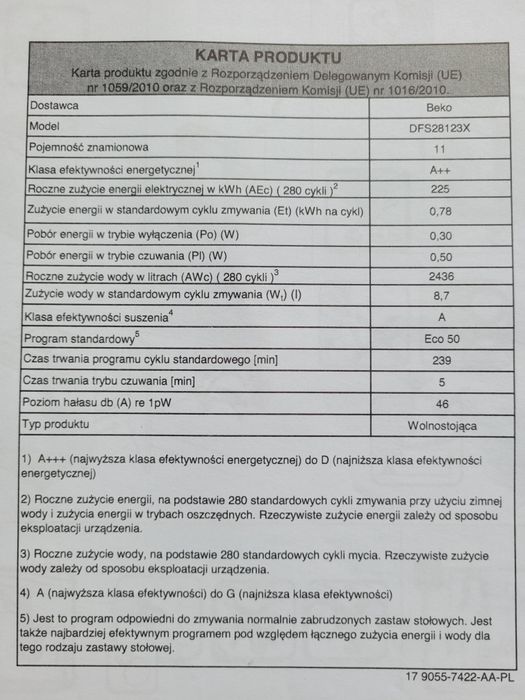 Zmywarka wolno stojąca 45cm beko DFS28123X