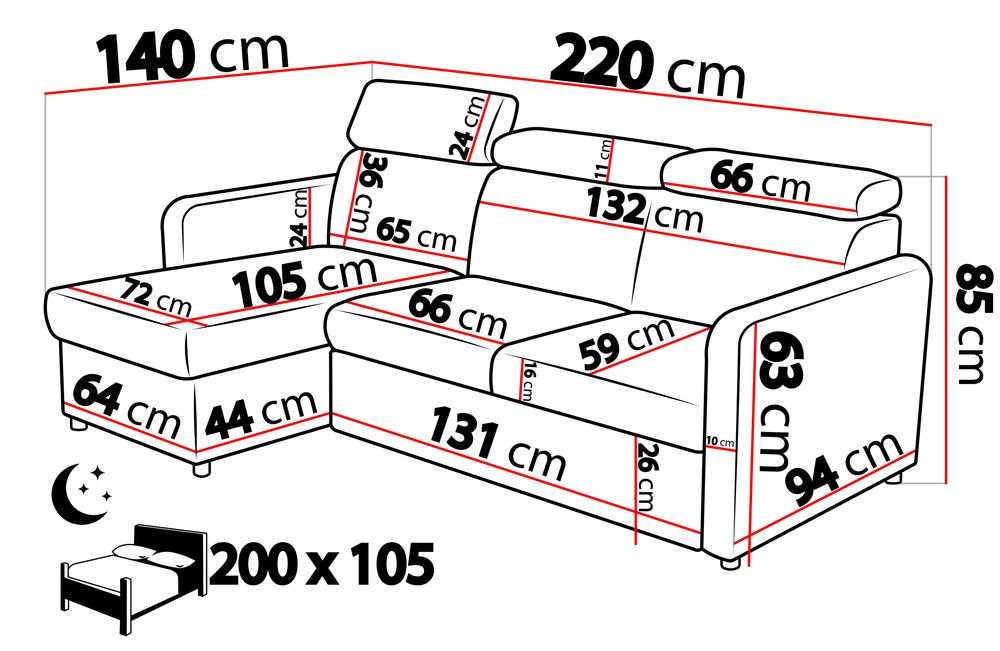 Narożnik BARCELO MINI 220 x 140 - funkcja spania, pojemnik, ruchome zagłówki