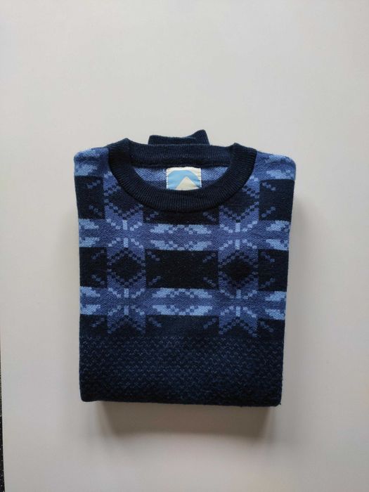 niebieski sweter zimowy wełniany norweski wzór M L Stormberg vintage skandynawski