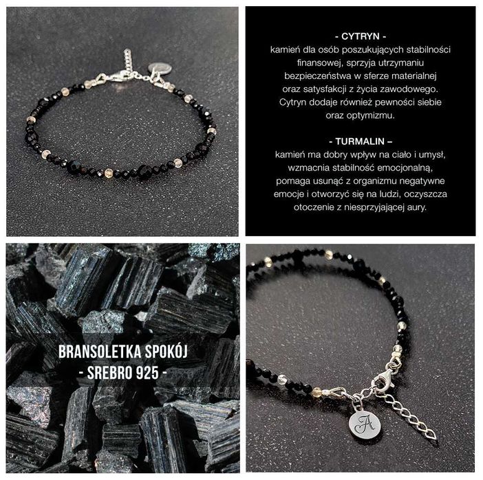 Bransoletka SPOKÓJ z turmalinu i cytrynu z literką – Srebro 925
