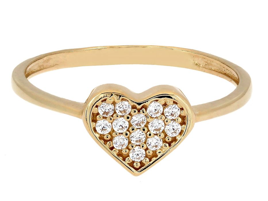 Złoty pierścionek z sercem zdobionym cyrkoniami PR 585