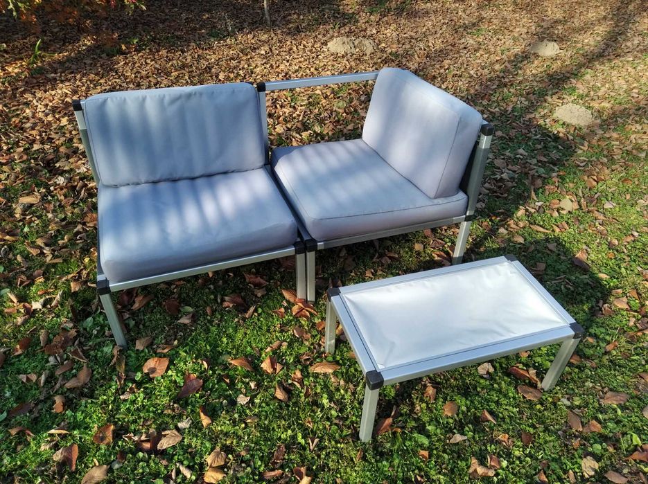 6 foteli i 3 stoliki. Kempingowy zestaw wypoczynkowy, meble ogrodowe.