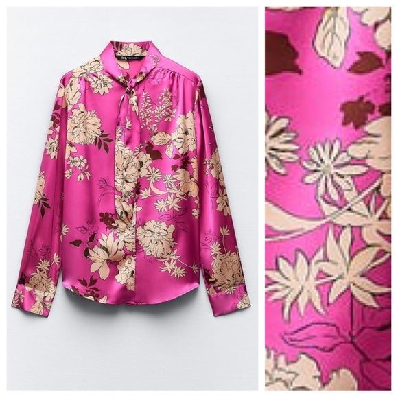 Zara satynowa koszula w kwiaty M pink różowa z kokardą