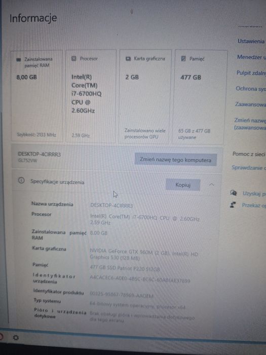MSI GL72 | i7-6700HQ | GTX 960M 2GB | SSD 512GB | Wada matrycy – TANIO