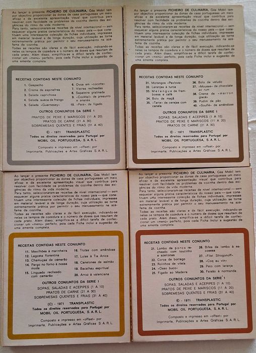 Ficheiros de Culinária 40 Fichas de 1971 RARO VINTAGE