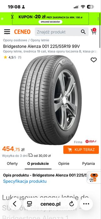 Opony Letnie 225/55 R19 Bridgestone Alenza 001 komplet 4 szt. JAK NOWE