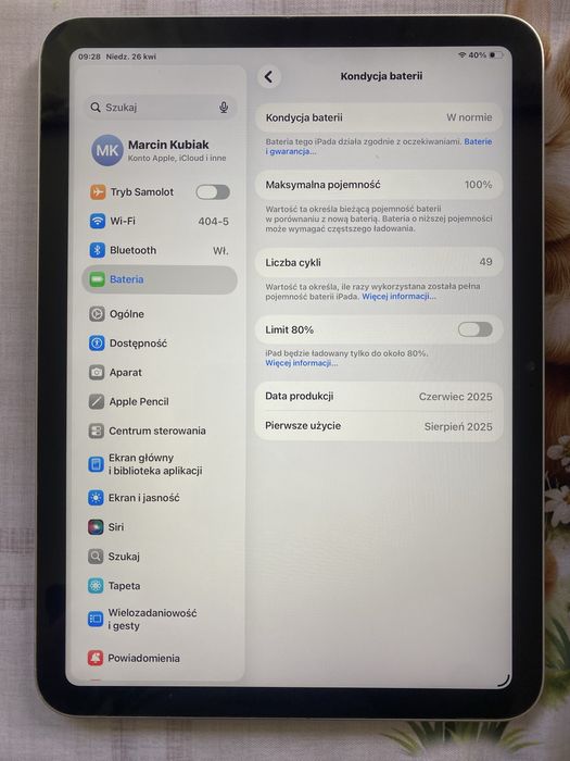 Apple Ipad A16 11th generacji 2025 bateria 100