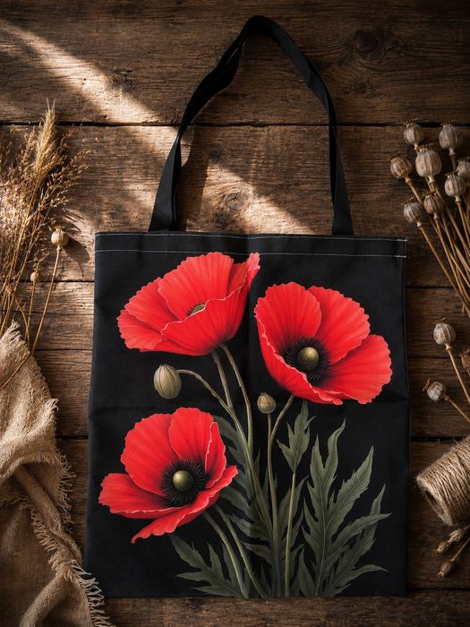Czarna torba shopper z makami | duża torba na zakupy | folk boho