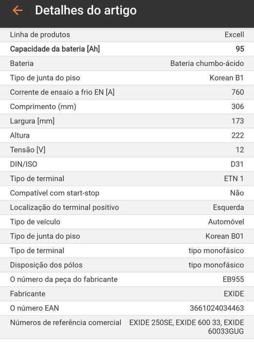 Bateria Exide 12V 95Ah 760A NOVA