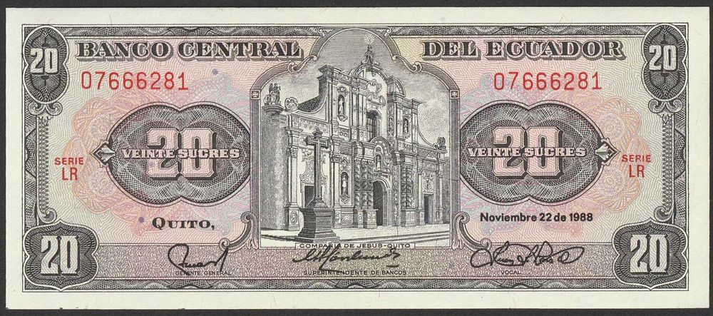 Ekwador 20 sucre 1988 rok - stan bankowy UNC
