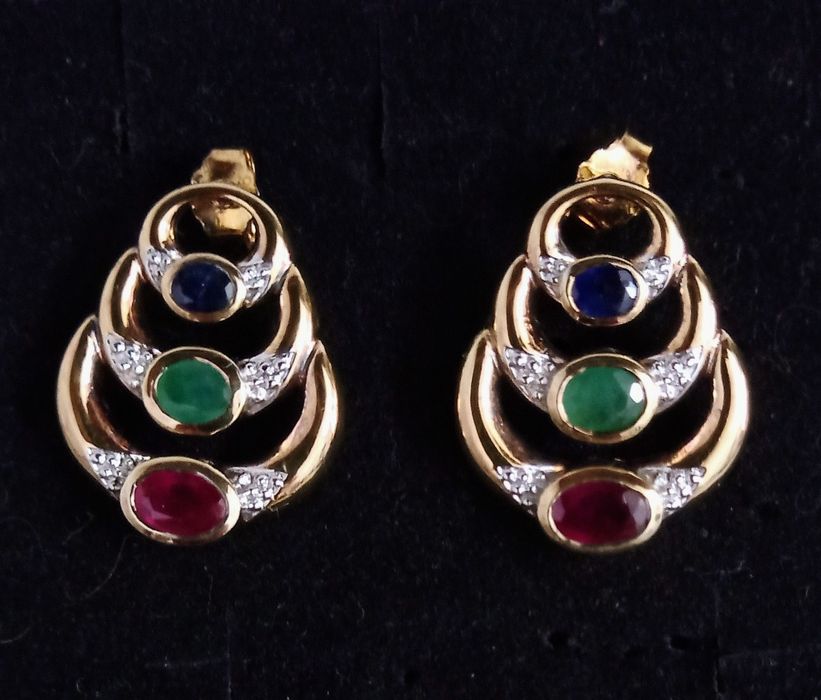 Brincos de Prata banhado a ouro com Rubi, Esmeralda e Safira