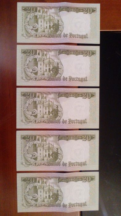 Conjunto 5 Notas de 20$00 Escudos c/Numeração Seguida em MT Bom Estado