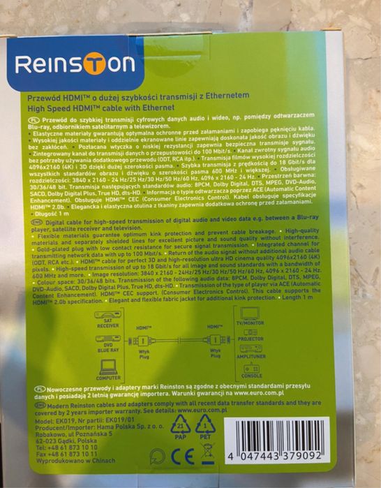 Przewod kabel hdmi z ethernetem reinstone