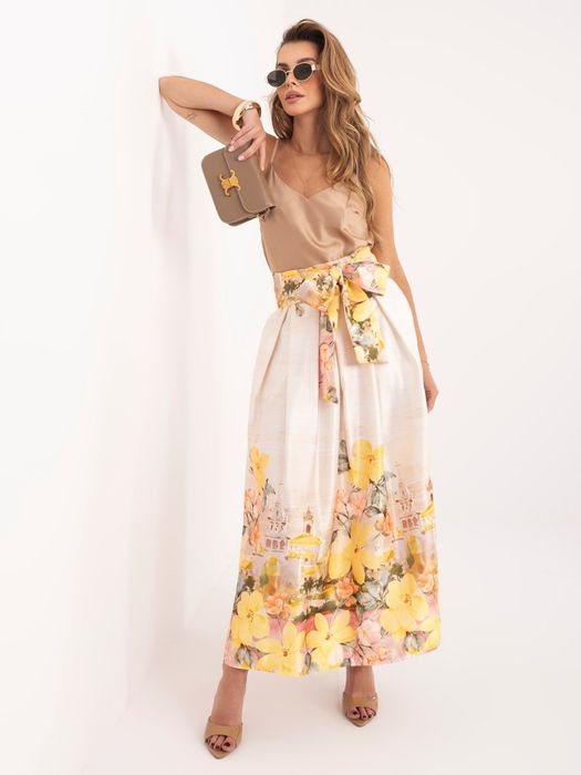 Spódnica Damska Żółta Midi Rozkloszowana w Kwiaty z Paskiem MAYA Elegancka Lato Casual
