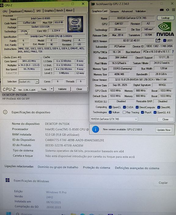 PC HP 400G6 - i5 8500 3,9ghz( 6 treads)GTX 745 4gb+12gb+ SSD/HD 750
