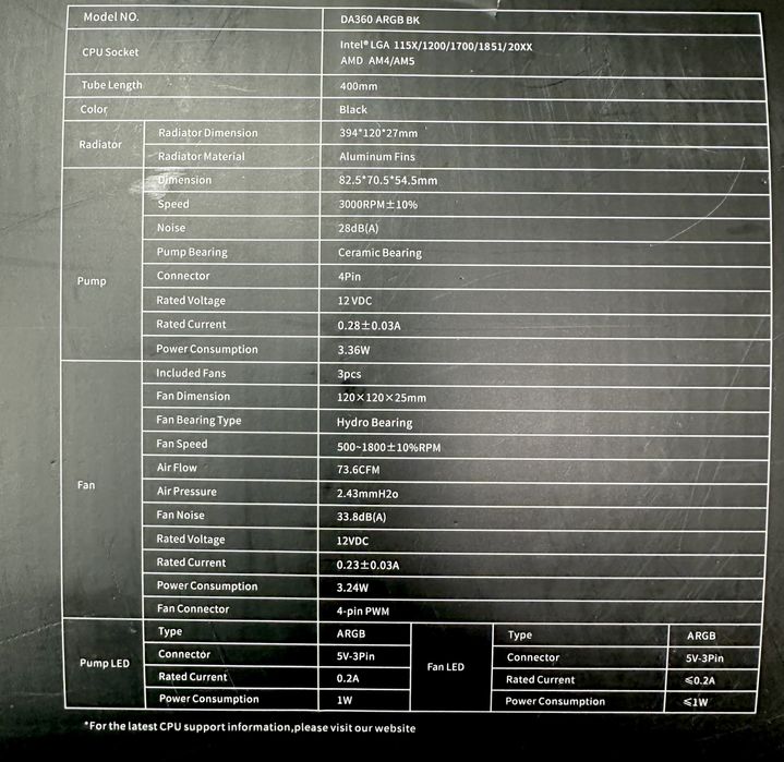 СРО/СВО водяне охолодження/ PcCooler DA360 ARGB BK