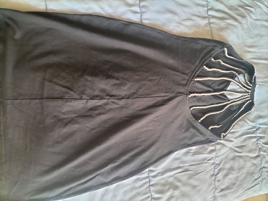 Vestido M/L juto algodão pérolas nas costas