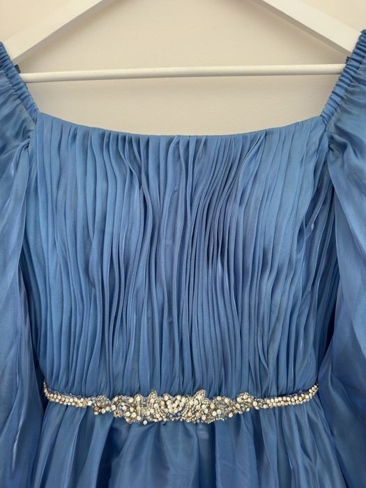 Vestido comprido de festa / cerimónia azul alta costura Maria França