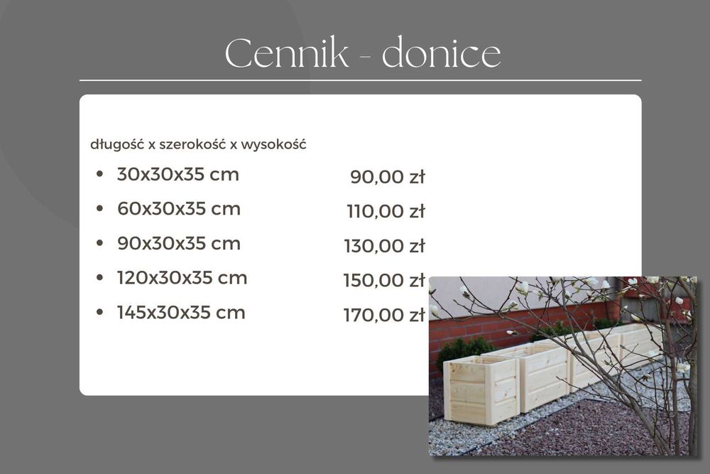 Donica, doniczka drewniana długości od 30 do 150cm. Najlepsza jakość.