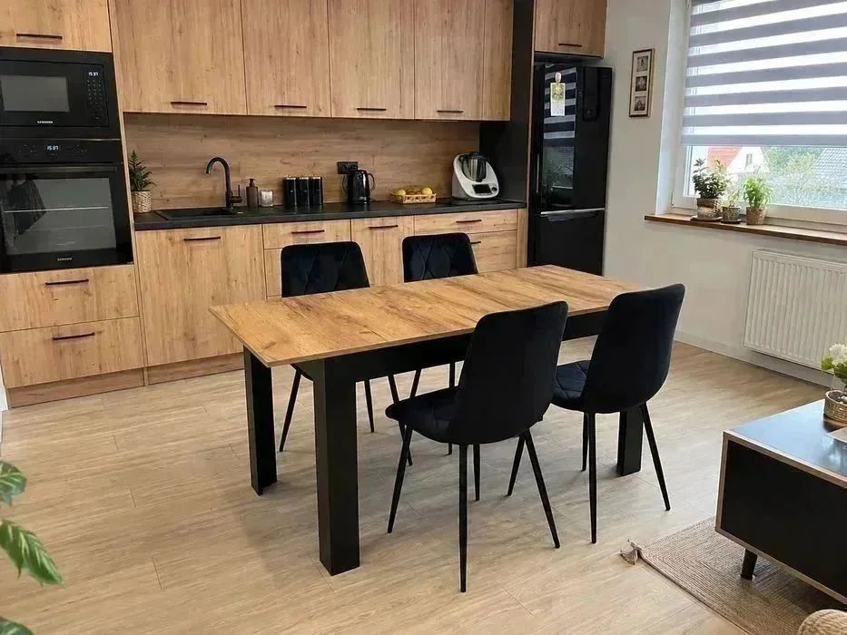 NOWY Stół Rozkładany 120/160x80 cm Duży z Krzesłami Do Kuchni Jadalni Salonu Stół Dąb Craft Czarny i Krzesła Kuchenny Meble do Domu Zestaw Komplet FV!