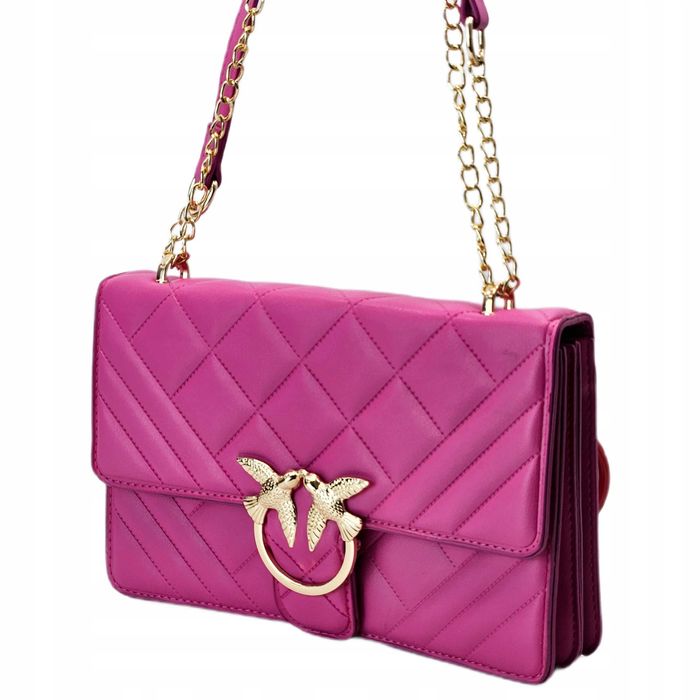 Torebka Listonoszka Damska Kopertówka Trzykomorowa Skóra Fuksja Birds