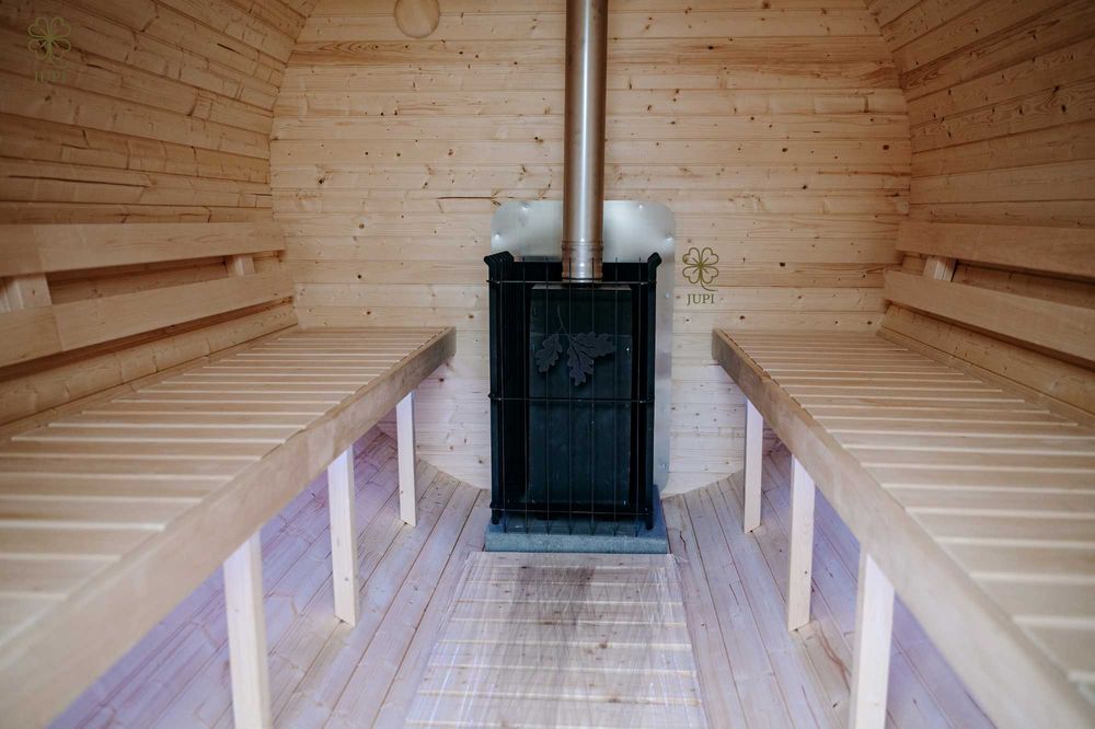 Sauna ogrodowa beczka 335cm z przedsionkiem piecem i oświetleniem LED