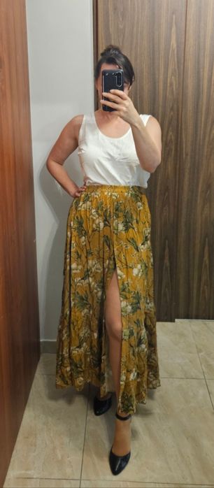 Brązowa musztardowa spódnica Jaroszewska Boho kwiaty