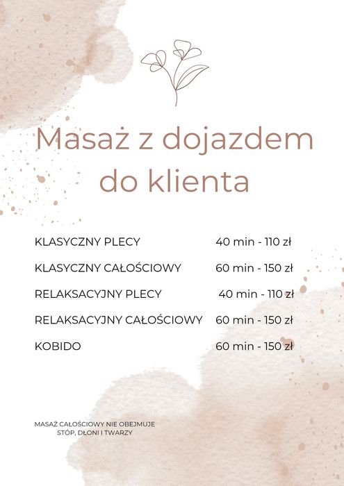 Masaż z dojazdem do klienta! Relaksacyjny, klasyczny, KOBIDO