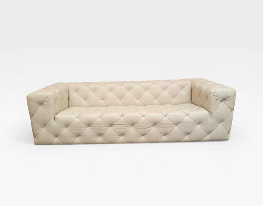Sofa tufting skórzana kremowa 246x104x67 3-osobowa + pufa/ottoman