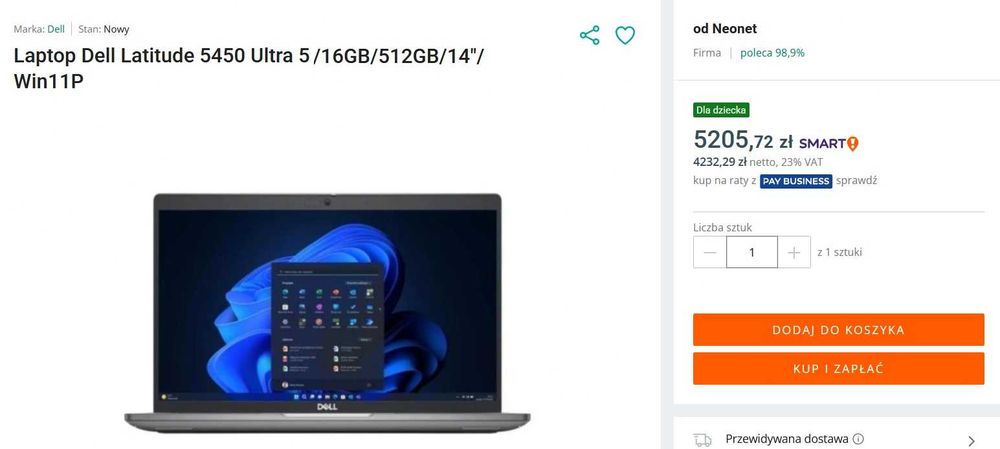 Laptop Dell Latitude 14' 5450 4G LTE Ultra i5 512 GB 16GB W11 NOWY GW