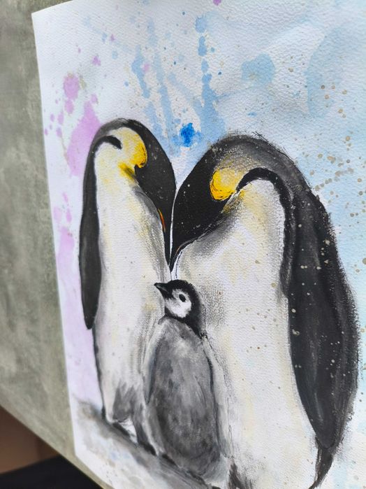 Akwarela Pingwiny Rodzina Prezent Chrzest Dziecko Macierzyństwo 30x42