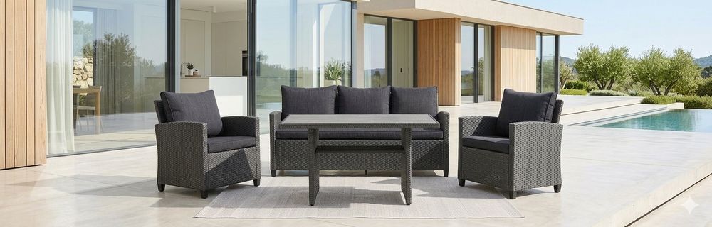 Promocja.Meble ogrodowe duuża sofa dwa fotele, stół .z półką.