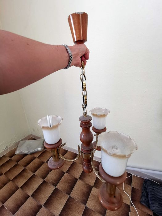 Conjunto de candeeiro de teto e 2 candeeiros de mesa de madeira vidro