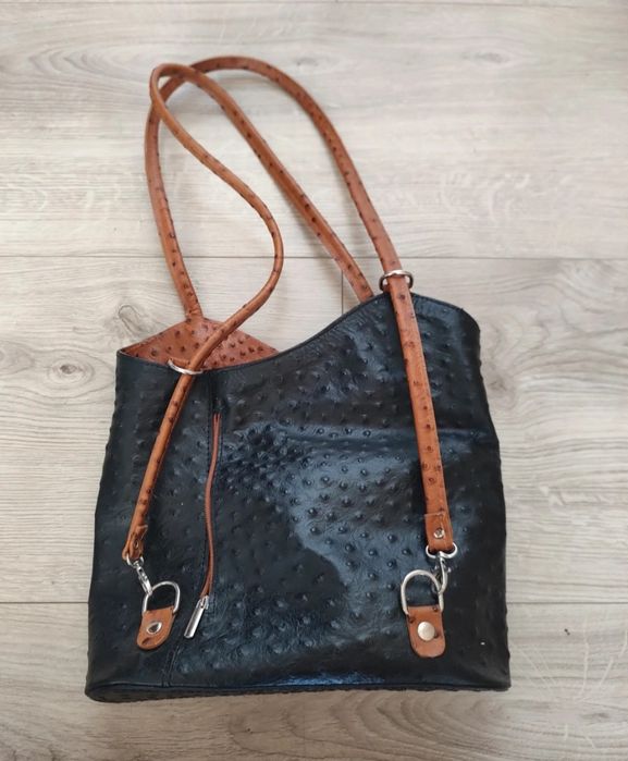 Torebka włoska Genuine Leather średnia czarna z elementami brązu