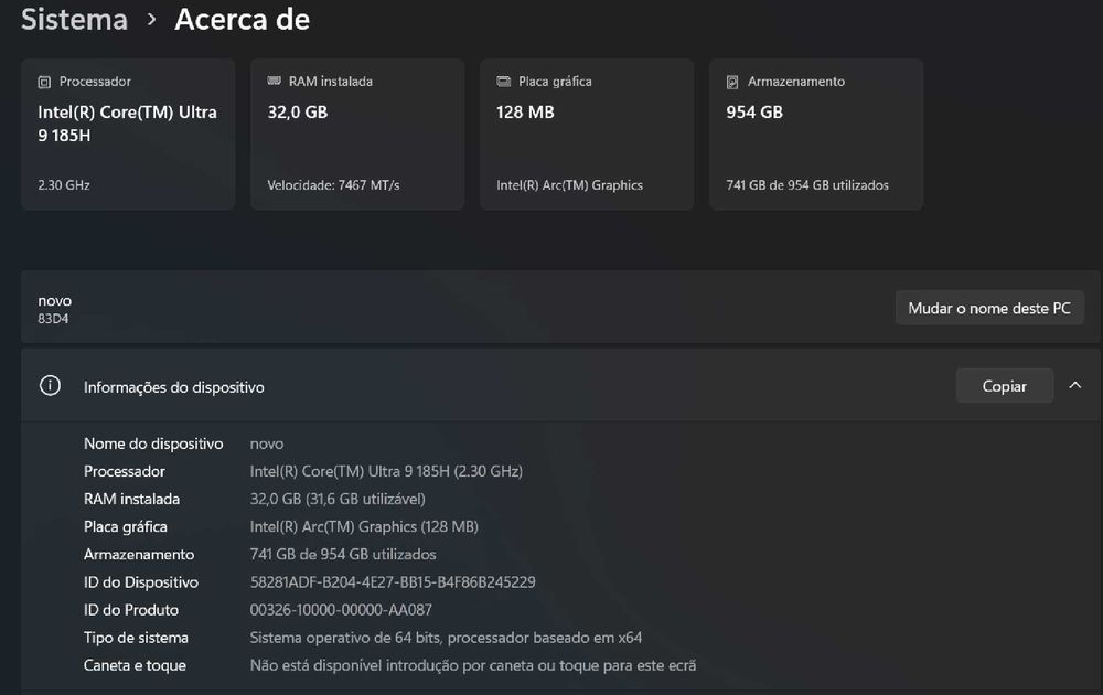 Portátil Lenovo 16'' - 32gb/1T - i9 ultra 185h - como novo - garantia