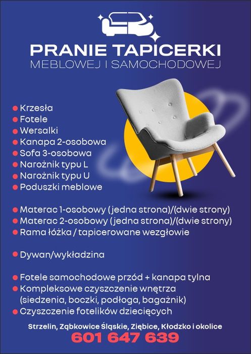 Pranie tapicerki meblowej samochodowej dywanów wykładzin
