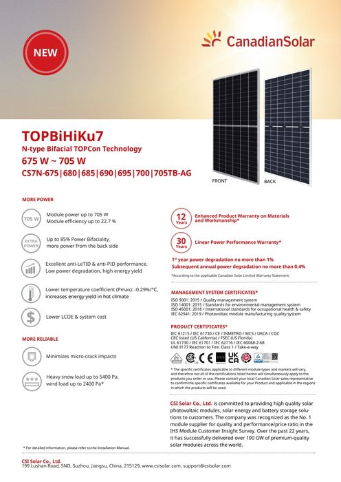 Canadian Solar Bifacial 705W Painel Fotovoltaico monocristalino 700W