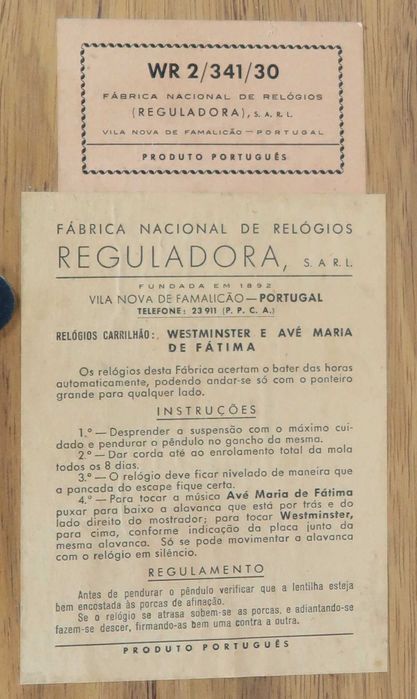 Relógio Antigo Reguladora WR 2/341/30 - Westminster e Ave Maria