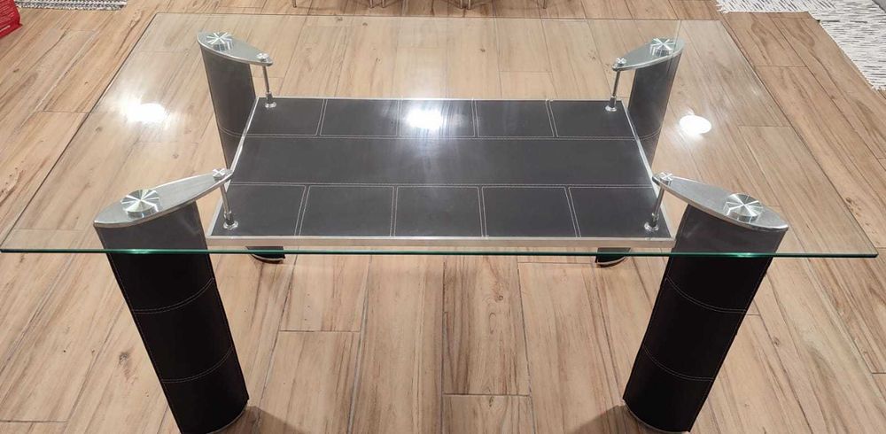 Mesa jantar e 6 cadeiras 150x90cm (vidro temperado e de couro sintétic